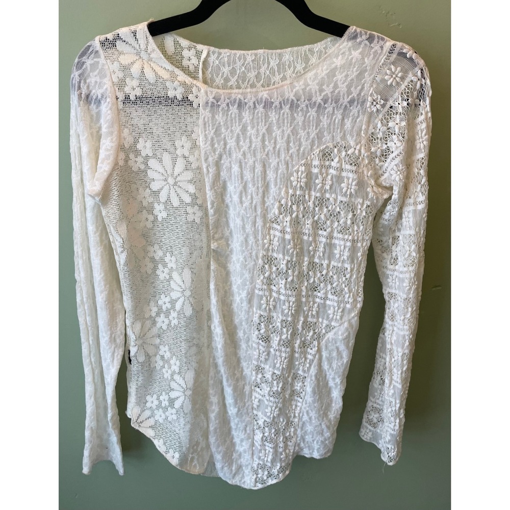 Boho Romantic Cream Mixed Floral Lace Patchwork Long Sleeve Sheer Top Ivory